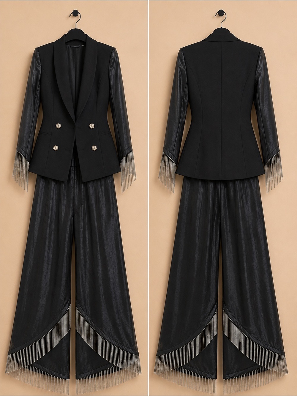 Black Fringe-Trim Wide Leg Jumpsuit with Blazer